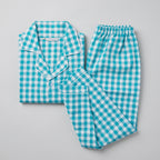 Close-up fabric of Matching Cotton pajama set with long pants and long sleeve top.