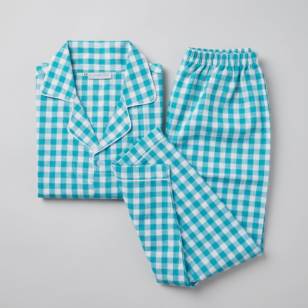 Close-up fabric of Matching Cotton pajama set with long pants and long sleeve top.