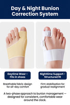 A comparison of two human feet wearing toe alignment correction devices. The left foot wears  'Daily use, can wear shoes,' and the right foot wears a device labeled 'Night use" and adjustable fit.