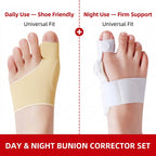 A side-by-side comparison graphic showing a toe spacer brace worn on a foot, with text indicating daily use on the left and night use on the right. 