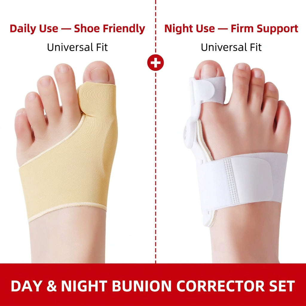 A side-by-side comparison graphic showing a toe spacer brace worn on a foot, with text indicating daily use on the left and night use on the right. 