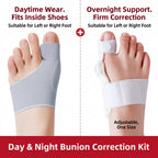 A side-by-side comparison showing a toe spacer/orthotic worn on a foot, labeled for daily use on the left and night use on the right.