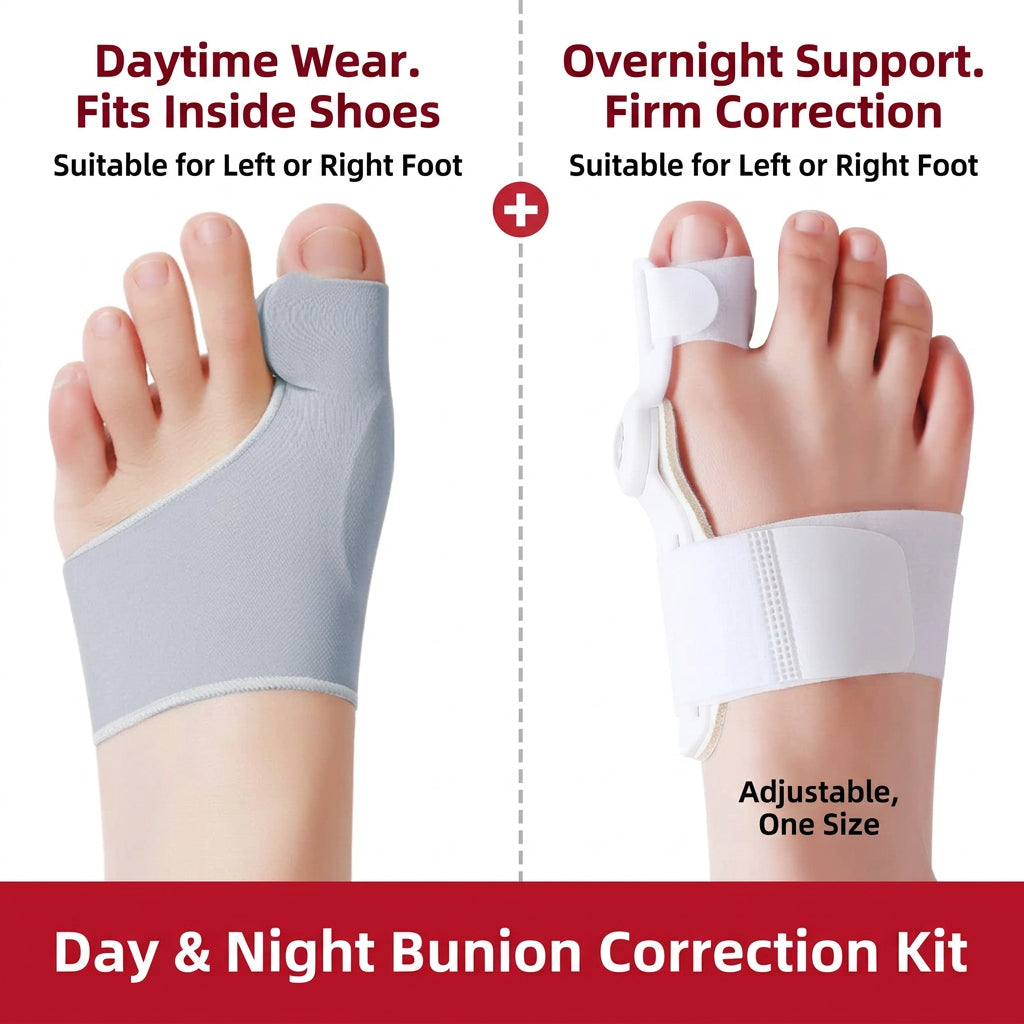 A side-by-side comparison showing a toe spacer/orthotic worn on a foot, labeled for daily use on the left and night use on the right.