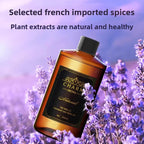 An amber glass bottle labeled CHARM AROMA Natural Fragrance and Fresh Air, 260ml, set against a background of blooming lavender with promotional text overlay.