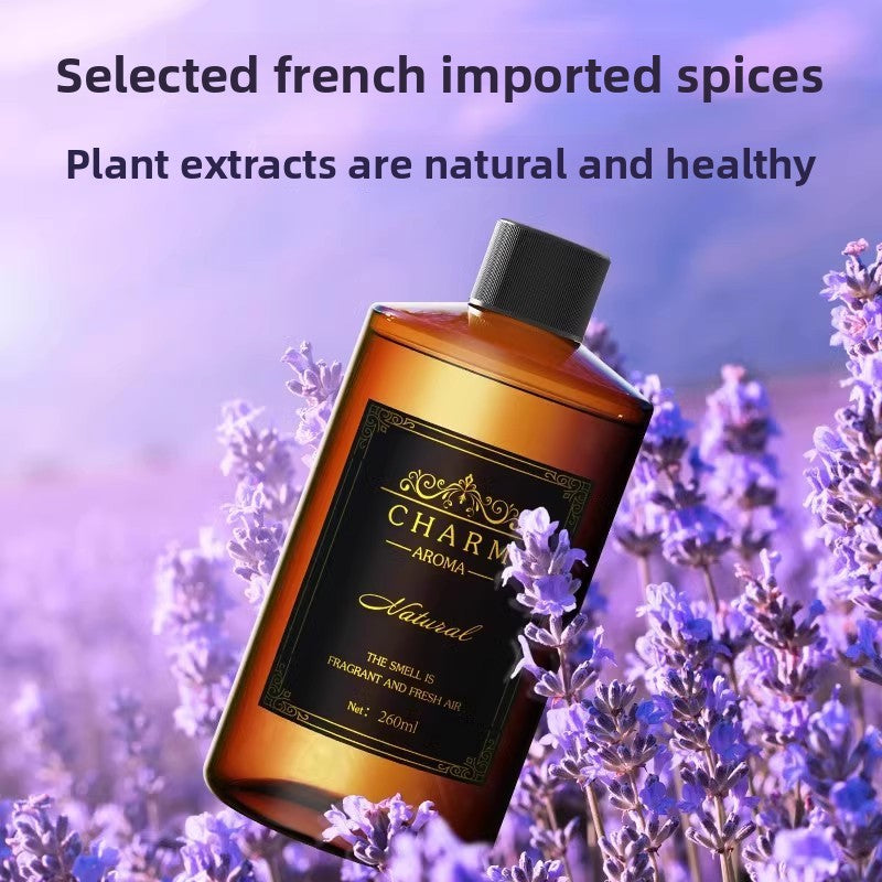 An amber glass bottle labeled CHARM AROMA Natural Fragrance and Fresh Air, 260ml, set against a background of blooming lavender with promotional text overlay.