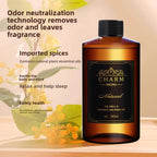 An amber glass bottle of CHARM AROMA Natural odor neutralization fragrance oil with a black cap and black label, set against a warm beige background with decorative text and yellow flowers.