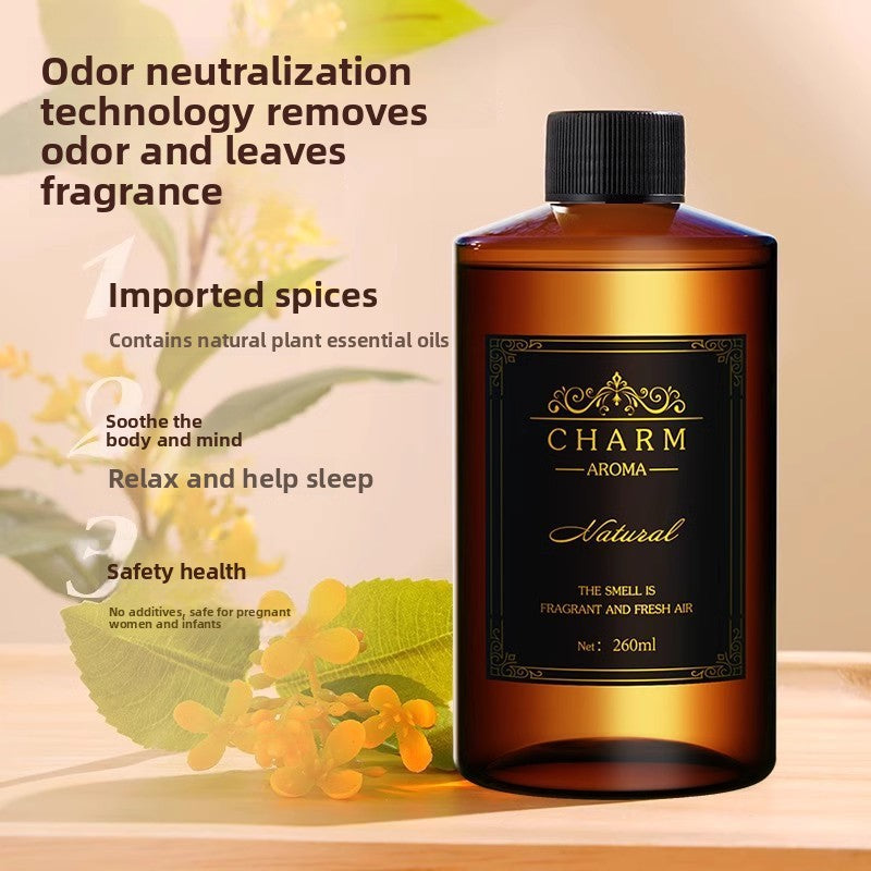An amber glass bottle of CHARM AROMA Natural odor neutralization fragrance oil with a black cap and black label, set against a warm beige background with decorative text and yellow flowers.