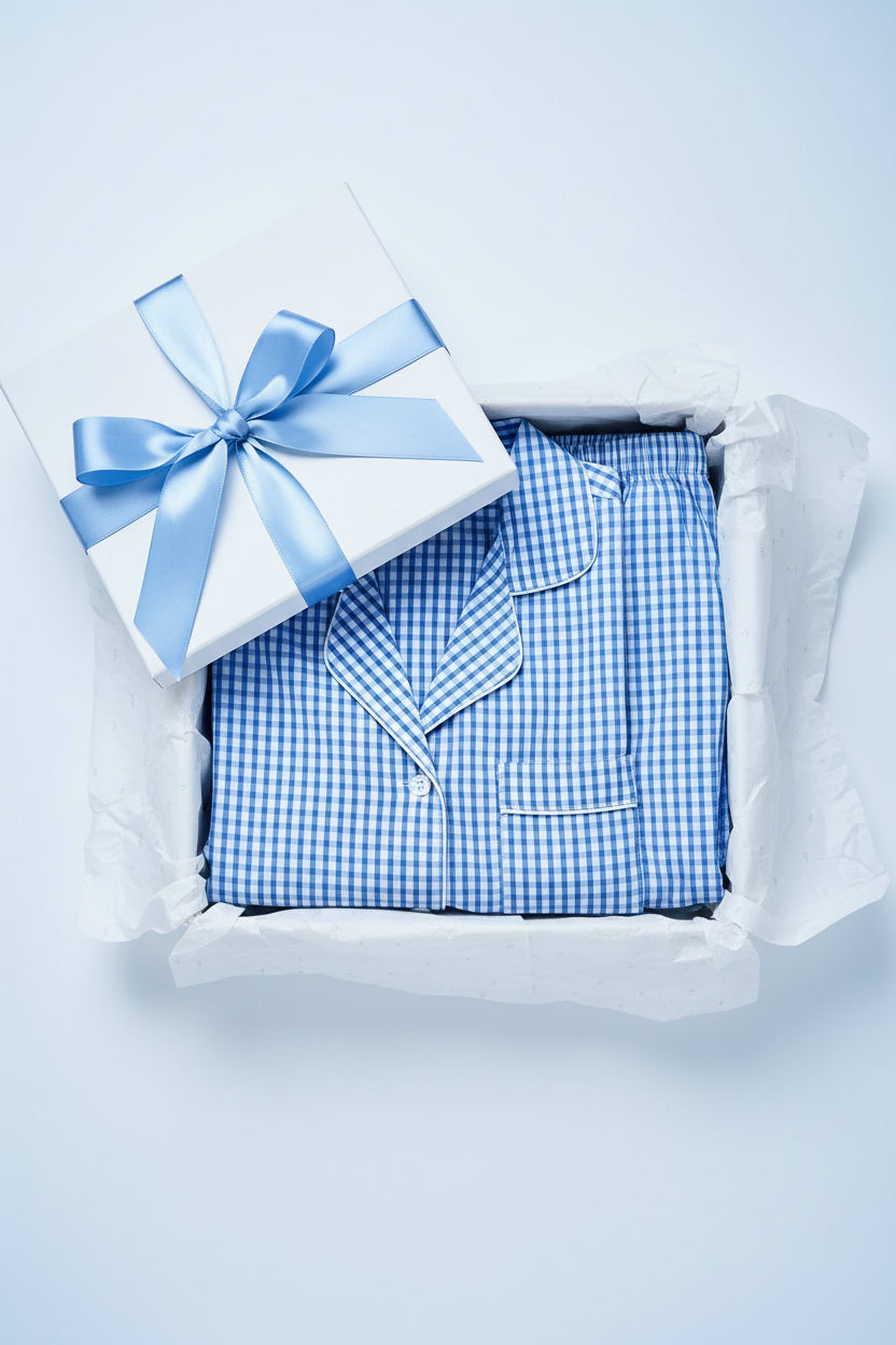 A long sleeves  Pajama Set in blue and white check, presented as a present for men and women XL size