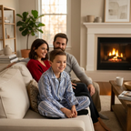 A boy is wearing the cotton pajama set in th e cosy living room.