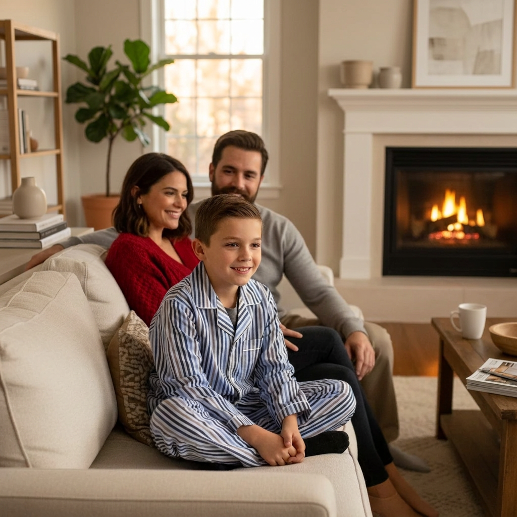 A boy is wearing the cotton pajama set in th e cosy living room.