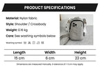 Japanese-inspired mini nylon crossbody bag showing 15 × 6 × 22 cm dimensions and lightweight 160g construction.