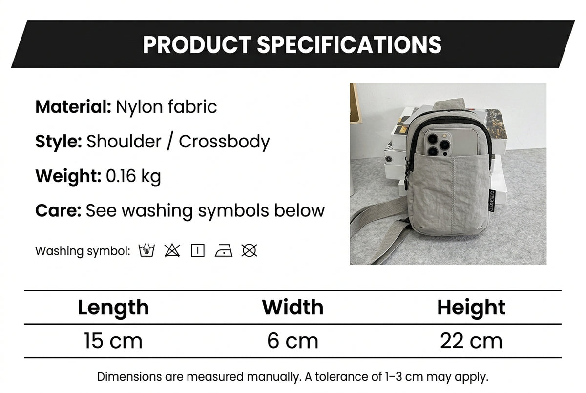 Japanese-inspired mini nylon crossbody bag showing 15 × 6 × 22 cm dimensions and lightweight 160g construction.