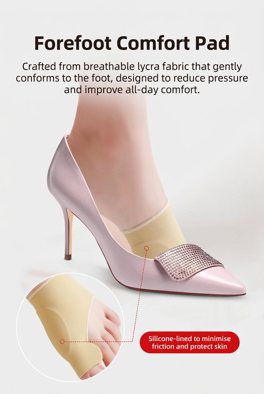 Breathable Lycra stretch fabric on a bunion toe corrector with flexible forefoot support