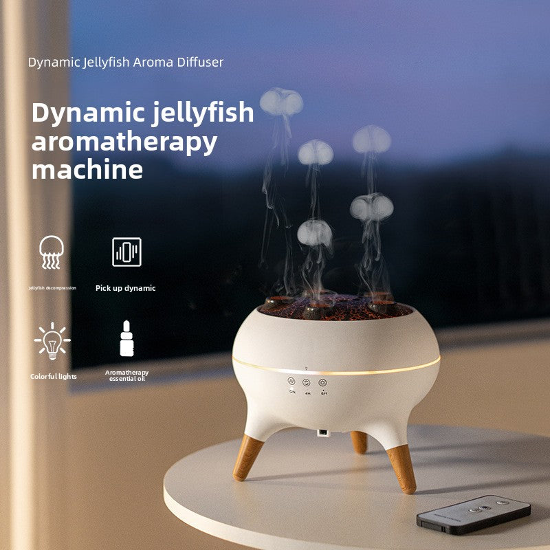 Dynamic jellyfish aroma diffuser on a table with a smartphone beside it, against a dark background.