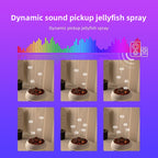 Dynamic pickup jellyfish spray demonstration with sound wave graphics on a purple background.