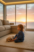 A young child in blue and sailboat patterned pajamas sits on a cream rug in a modern living room, looking out large windows at a sunset over the ocean, with a small dog resting beside them.
