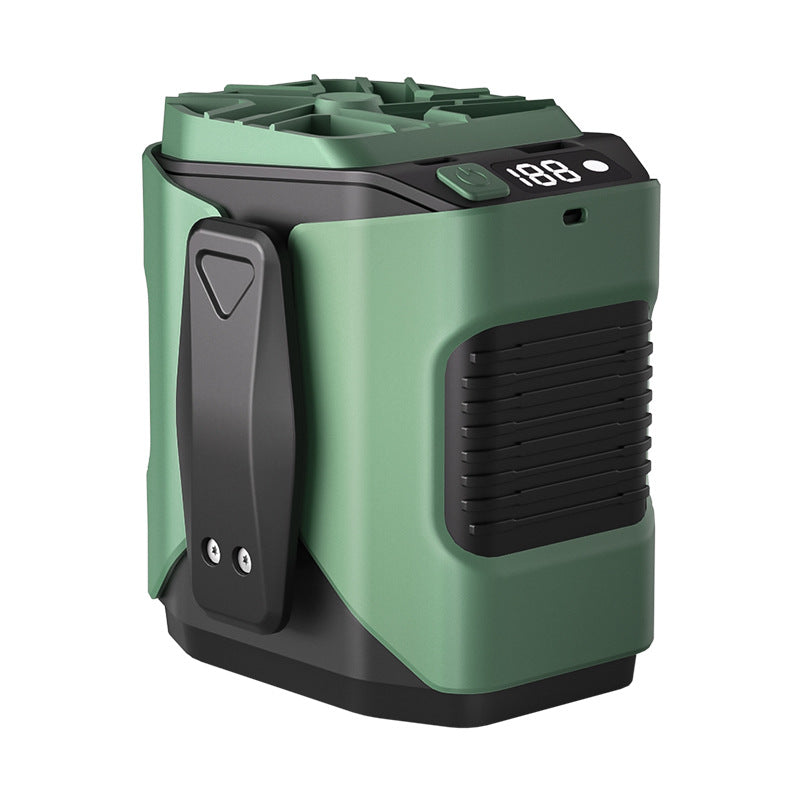 Green waist fan angled product shot with digital speed display and clip attachment