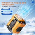 Portable orange waist fan clipped to waistband, front view