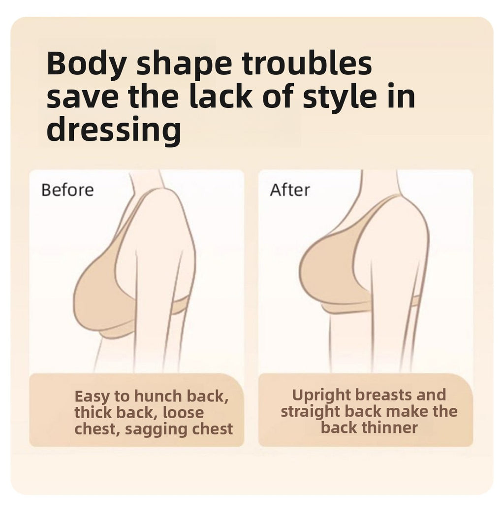 An informational graphic with the headline 'Body shape troubles save the lack of style in dressing' and two side-by-side illustrated panels labeled Before and After, showing a simplified female torso with bra placement and text describing back and chest posture.