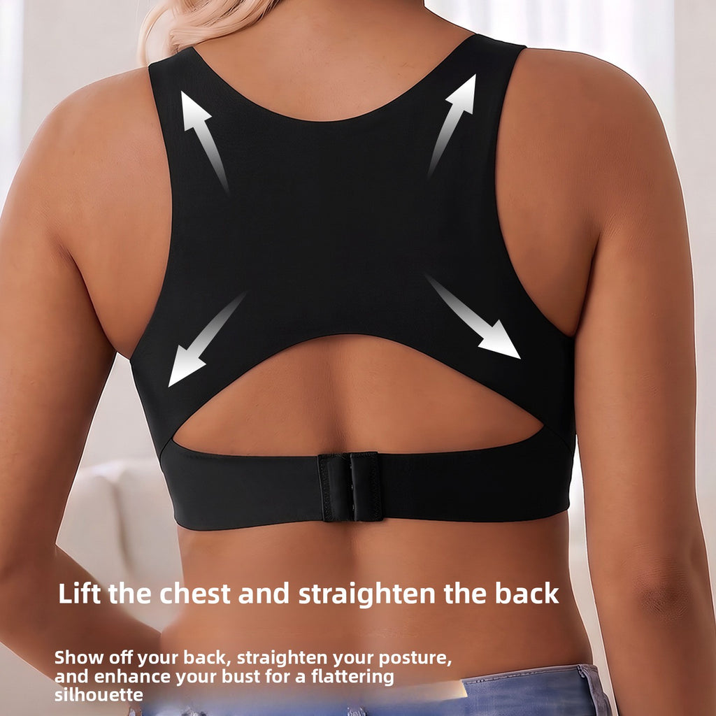 Rear view of a woman wearing a black back-support sports bra with a cutout and adjustable strap, overlaid with white arrows and text claiming lift and straightening of the back.