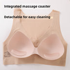 Beige wireless bralette with integrated massage coasters on the cups, shown flat on a white background with text overlays reading 'Integrated massage coaster' and 'Detachable for easy cleaning'.