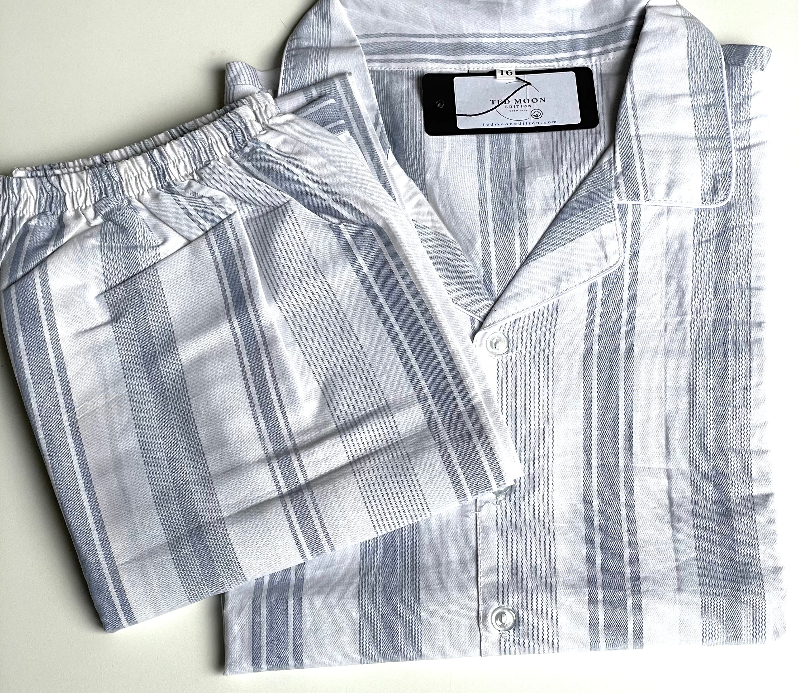 15-16yr kids cotton PJ set- Classic Grey Stripe on Cream