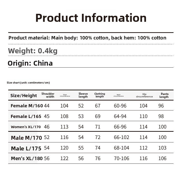 pajama Size Chart for women and men