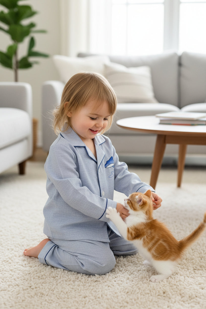 A girl wearing a cotton pajama set with long pants long sleeves in grey featuring blue dolphin.