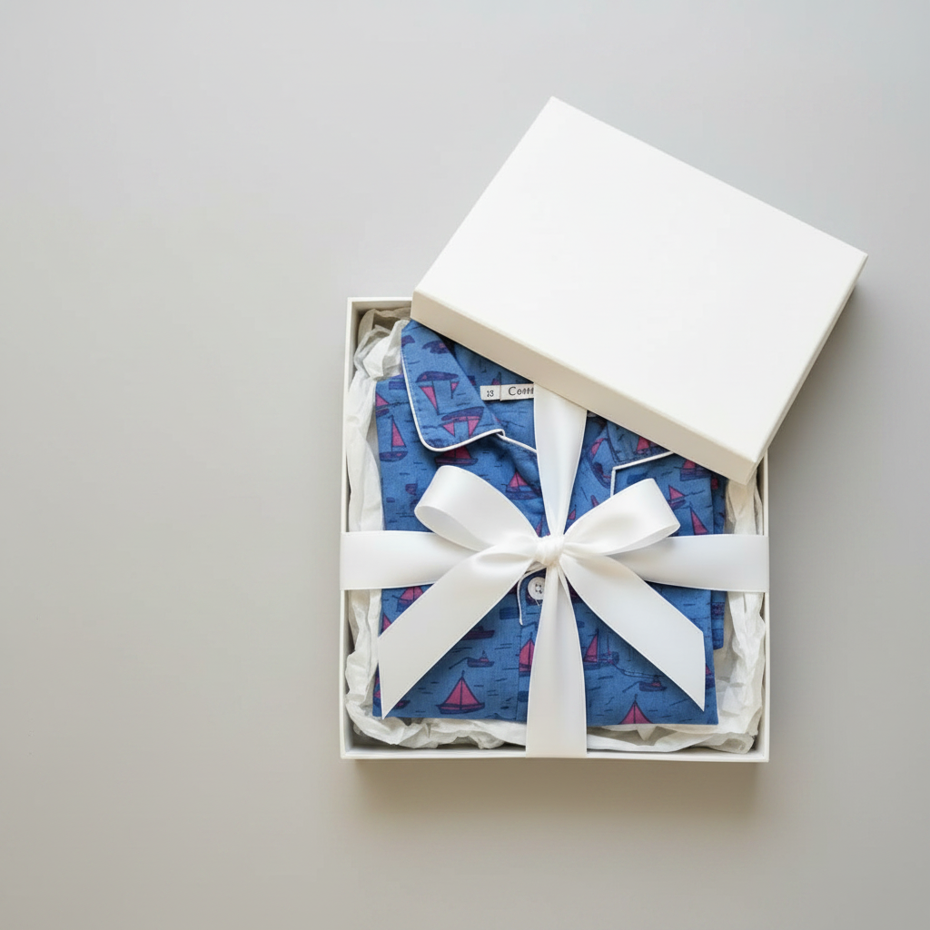 A blue pajama set with a red and white sailboat pattern, presented in a white gift box with a white ribbon bow.