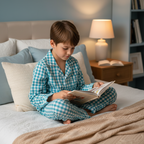 A 9-10 years old boy is reading a book in bed, wearing a matching pajama set in green and white, loose or relaxed fit.