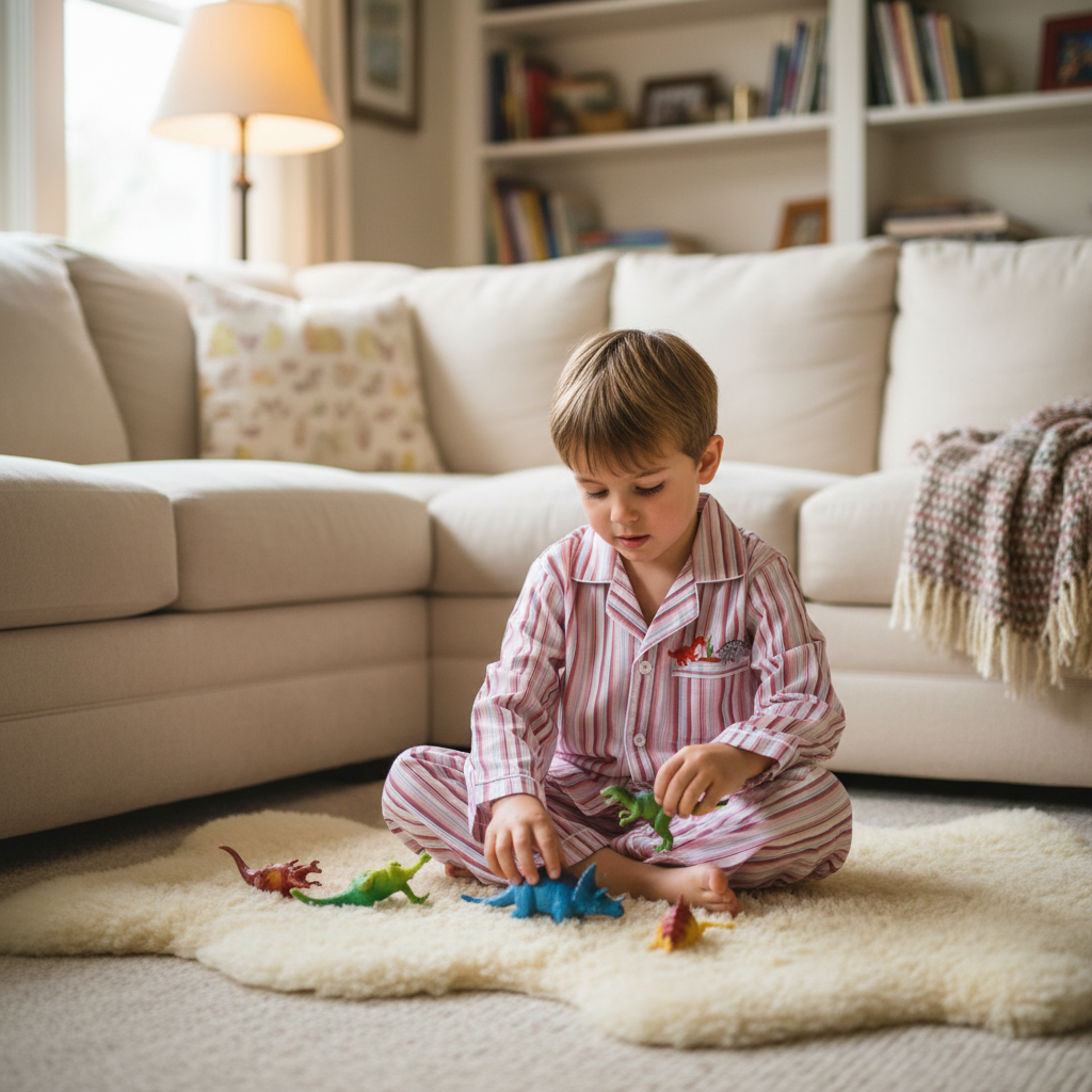 Boys and girls who loves dinosaurs wearing this Pajama set while playing with dinosaurs toys in a living room.