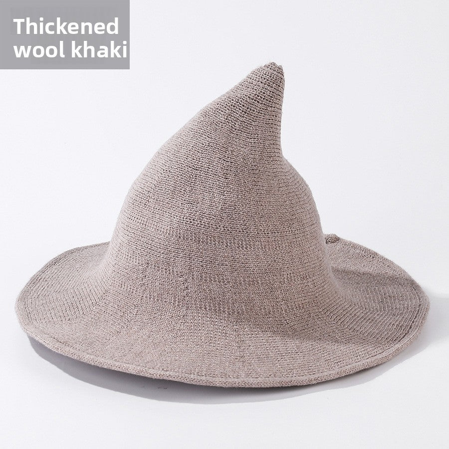 Knitted witch hats for Halloween in khaki colour