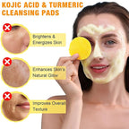 Woman using Kojic Acid & Turmeric Cleansing Pads with benefits highlighted on a white background