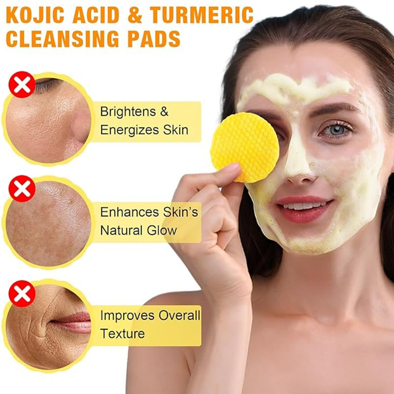 Woman using Kojic Acid & Turmeric Cleansing Pads with benefits highlighted on a white background