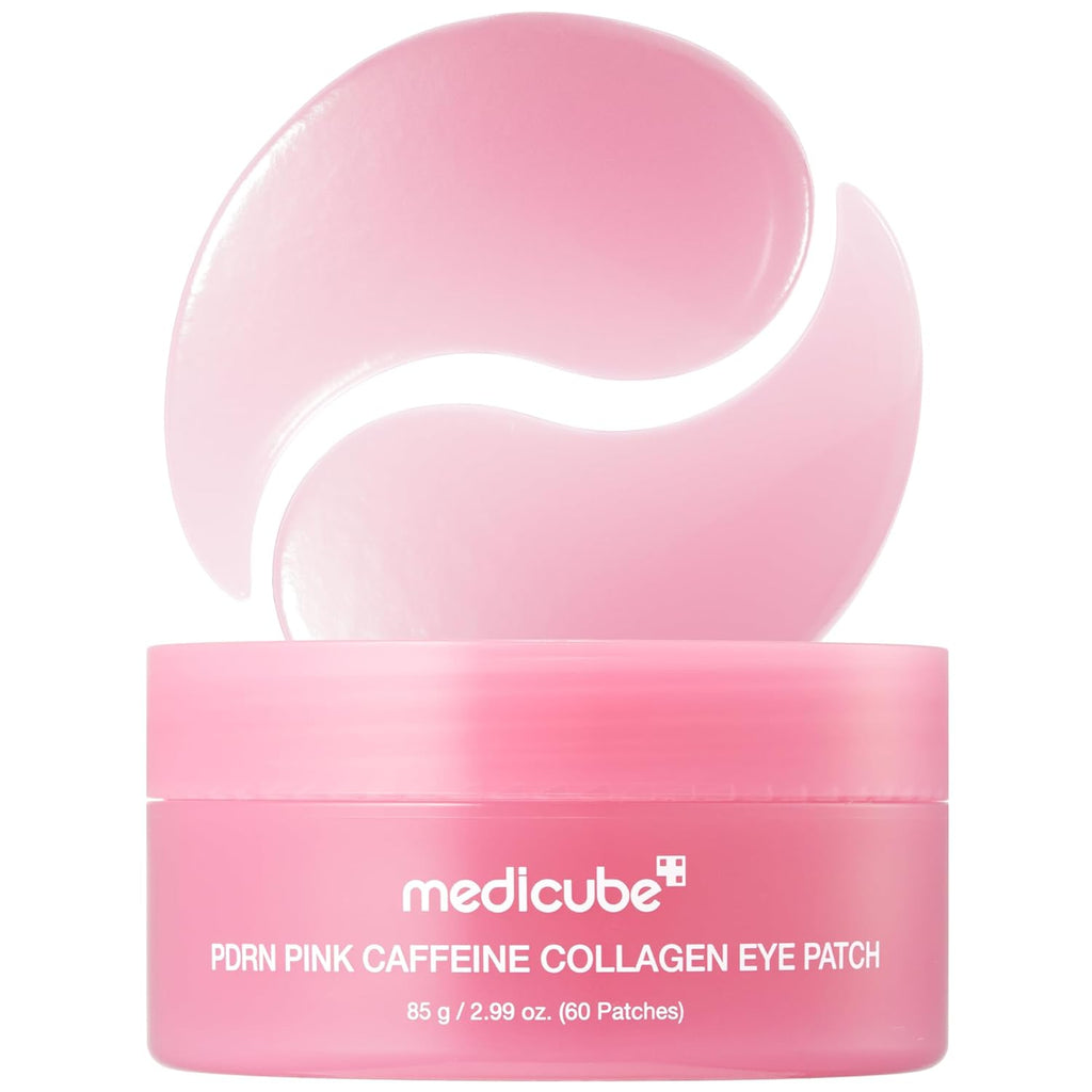 Pink collagen eye patches with jar on a white background, featuring the Medicube brand.