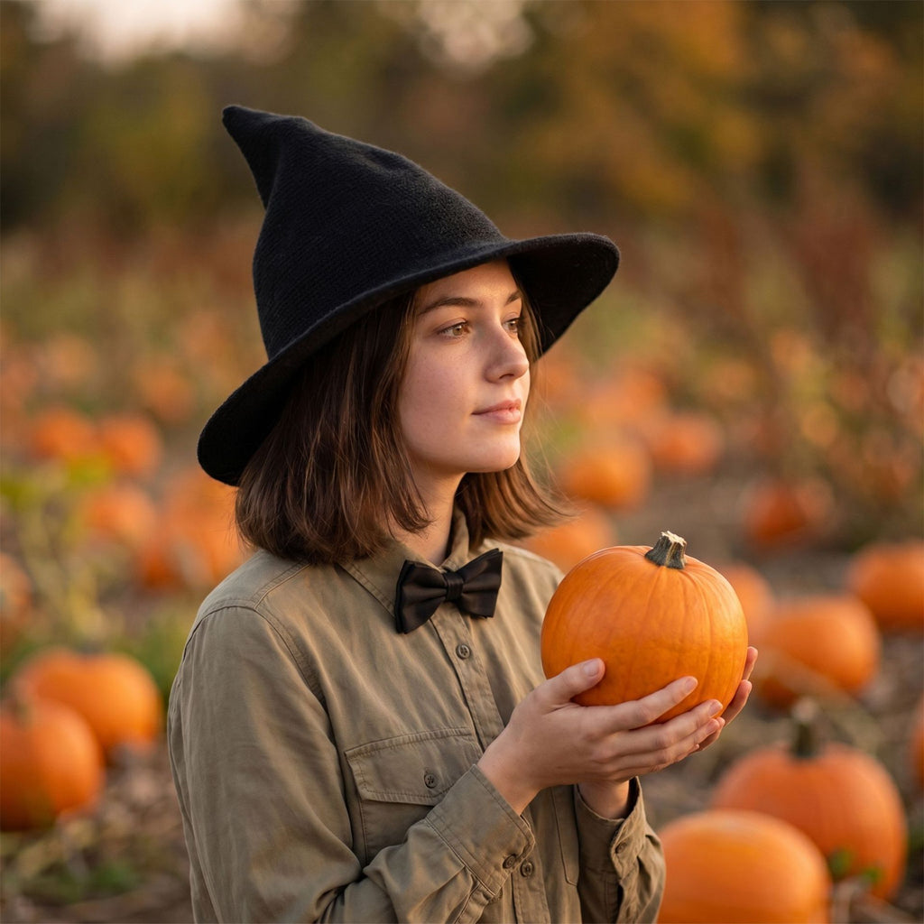 women’s wearing Halloween witch hat holding a pumpkin