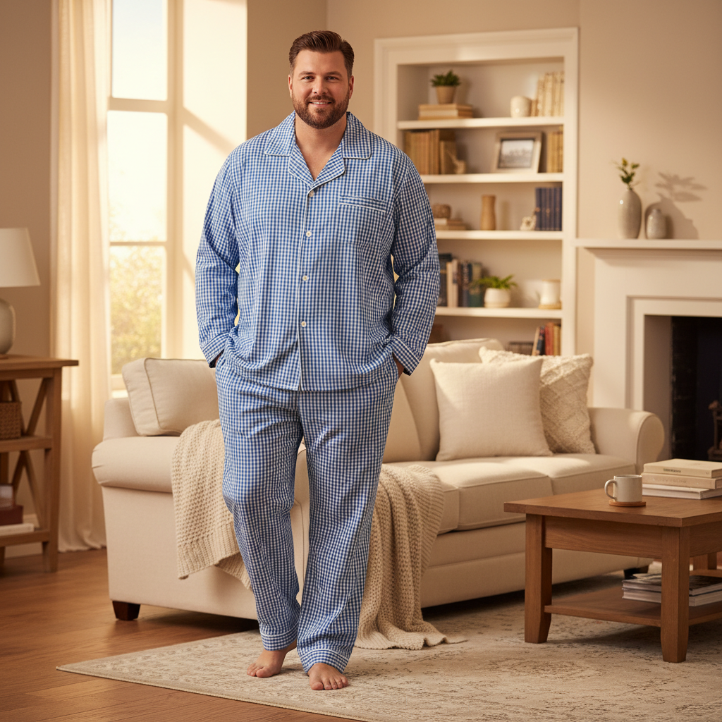 A large man standing in a living room wearing 100% cotton pajama or loungewear with long sleeve and long pants.
