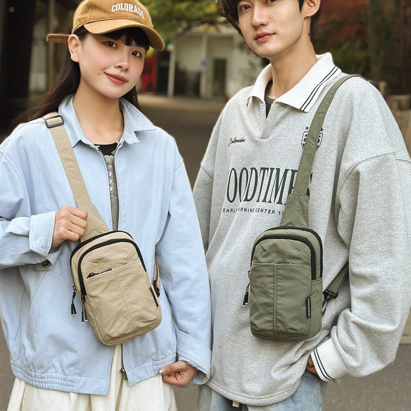 Mini crossbody bag details showing water-repellent nylon, zipper closure, back pocket and adjustable shoulder strap.