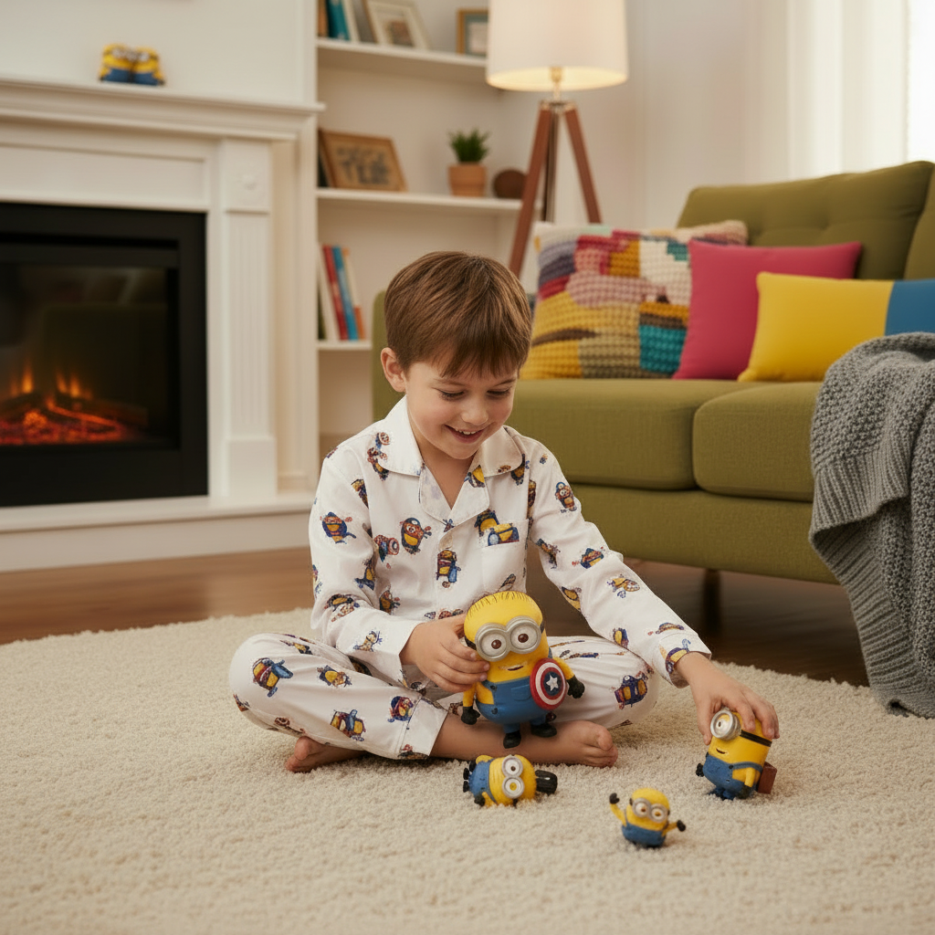 A young boy wearing white pajamas with a Minions print sits on a cream carpet in a cozy living room, playing with Minions characters.