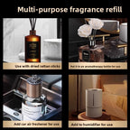 A 2x2 collage showing a multi-purpose fragrance refill bottle in four use cases: with dried rattan sticks, in an aromatherapy bottle, as a car air freshener, and in a humidifier. The top text reads 'Multi-purpose fragrance refill'.