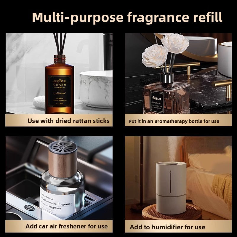 A 2x2 collage showing a multi-purpose fragrance refill bottle in four use cases: with dried rattan sticks, in an aromatherapy bottle, as a car air freshener, and in a humidifier. The top text reads 'Multi-purpose fragrance refill'.