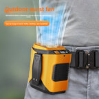 Hand-free portable fan in use outdoors, worn around the waist.