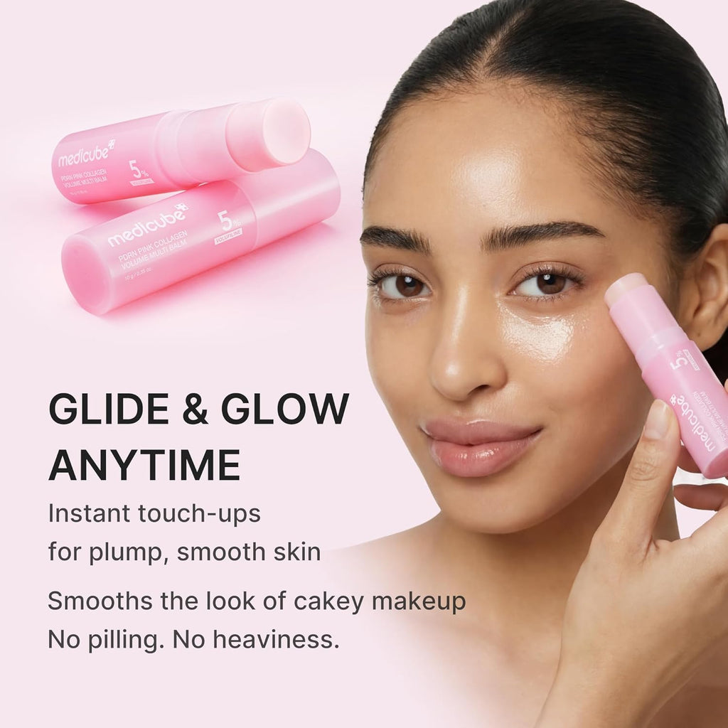 Woman applying a pink cosmetic product to her face with text about instant touch-ups for plump, smooth skin.