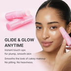 Woman applying a pink cosmetic product to her face with text about instant touch-ups for plump, smooth skin.