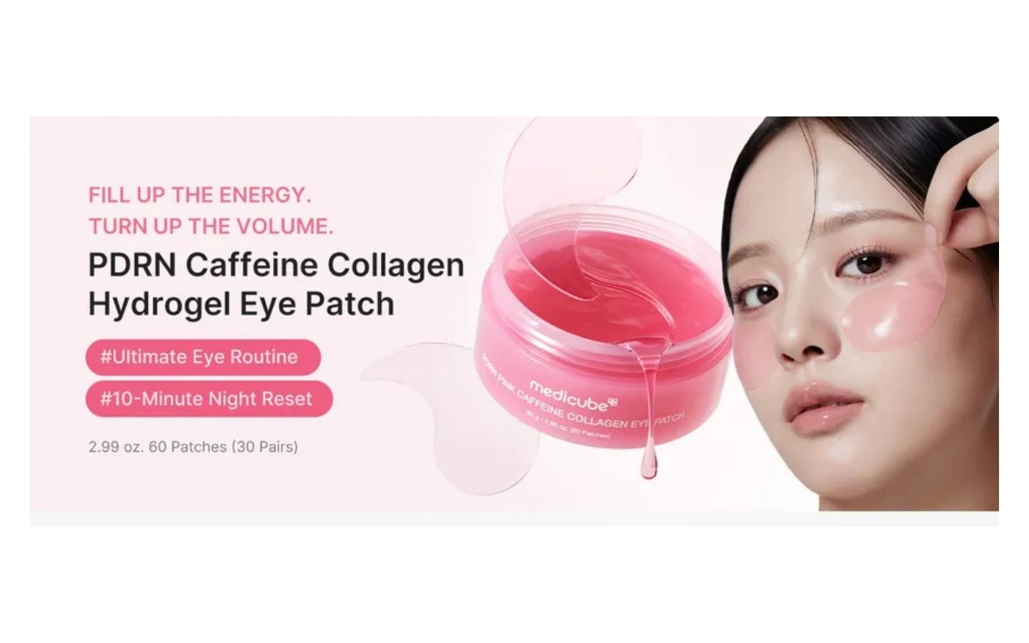 PDRN Caffeine Collagen Hydrogel Eye Patch with a woman wearing the patches on her face.