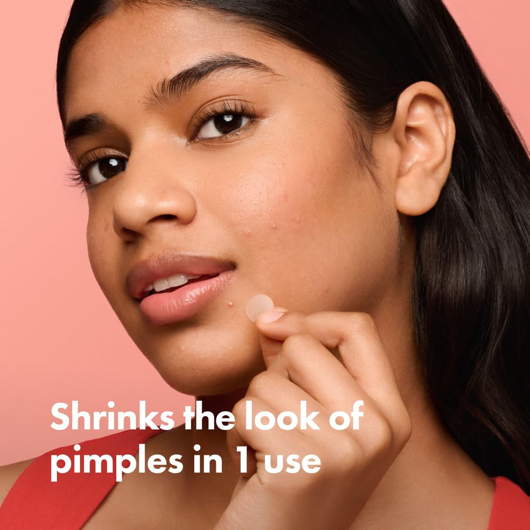 Woman applying a product to her face with text on a pink background