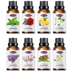 Set of MEJISOO jasmine fragrance essential oil bottles with various floral images on labels.
