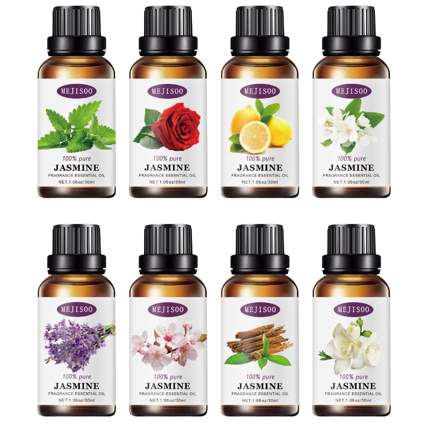 Set of MEJISOO jasmine fragrance essential oil bottles with various floral images on labels.
