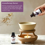 Aromatherapy burner with a hand adding essential oil and a candle, with text on how to use it.