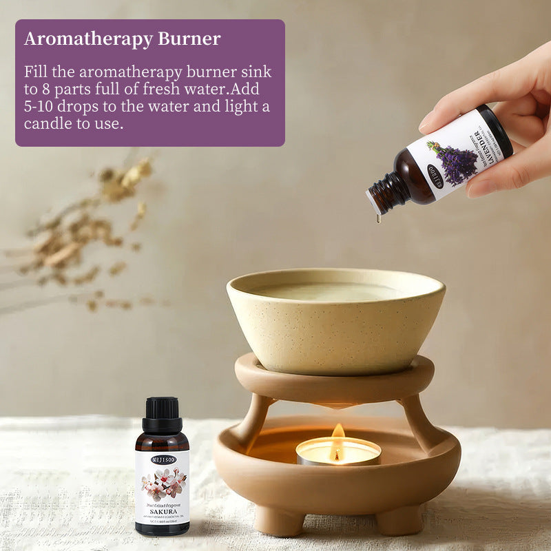 Aromatherapy burner with a hand adding essential oil and a candle, with text on how to use it.